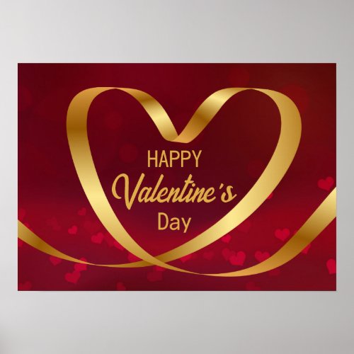 Happy Valentines Day Gold Heart Ribbon Red Poster