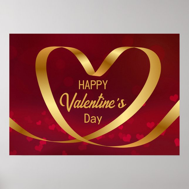 Happy Valentine's Day Gold Heart Ribbon Red Poster (Front)
