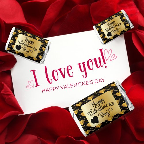 Happy Valentines Day Gold Hearts on Black Hersheys Miniatures