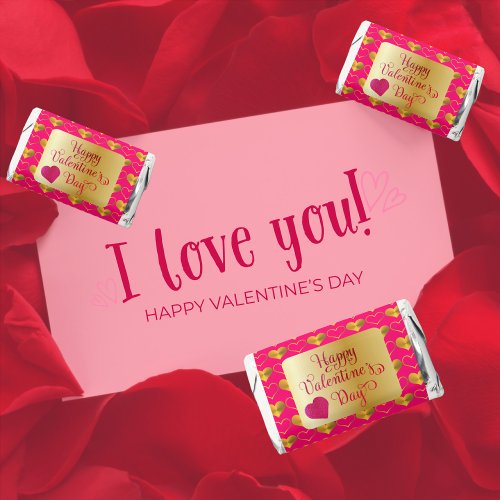 Happy Valentines Day Gold Hearts on Hot Pink Hersheys Miniatures