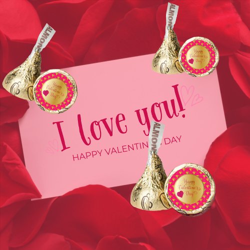 Happy Valentines Day Gold Hearts on Pink Hersheys Kisses