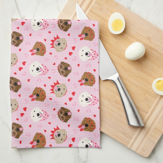 Happy Valentines Day Golden Retriever Dogs Kitchen Towel (Quarter Fold)
