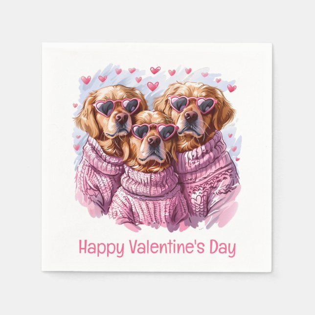 Happy Valentines Day Golden Retriever Dogs Napkins (Front)