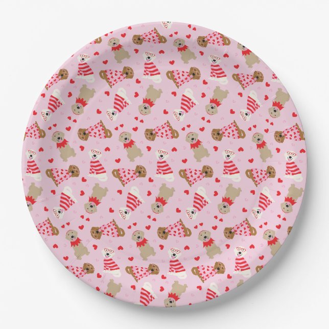 Happy Valentines Day Golden Retriever Dogs Paper Plates (Front)