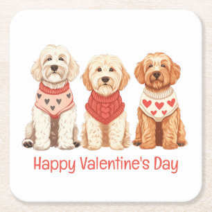 Happy Valentines Day Goldendoodle Dogs Square Paper Coaster