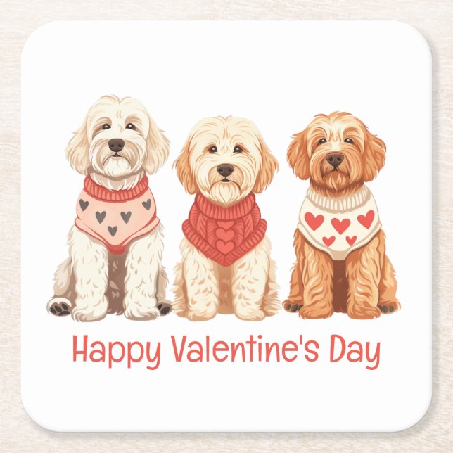 Happy Valentines Day Goldendoodle Dogs Square Paper Coaster (Front)