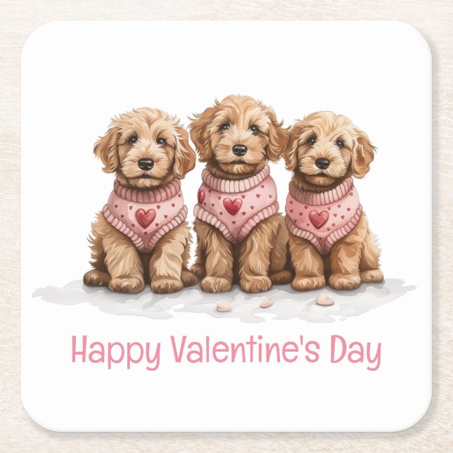 Happy Valentines Day Goldendoodle Dogs Square Paper Coaster (Front)