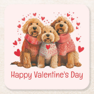 Happy Valentines Day Goldendoodle Dogs Square Paper Coaster