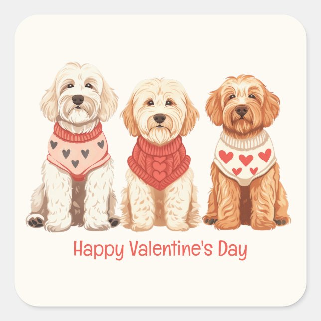 Happy Valentines Day Goldendoodle Dogs Square Sticker (Front)