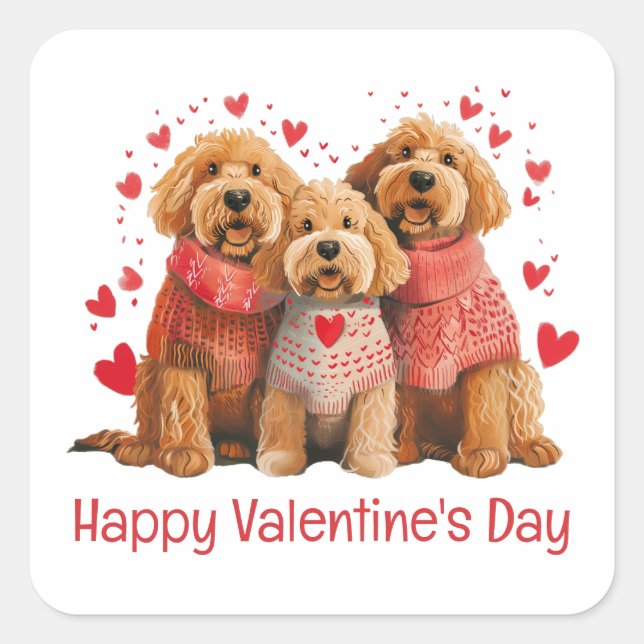 Happy Valentines Day Goldendoodle Dogs Square Sticker (Front)