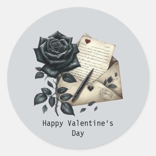 Happy Valentine's Day Gothic black rose Classic Round Sticker (Front)