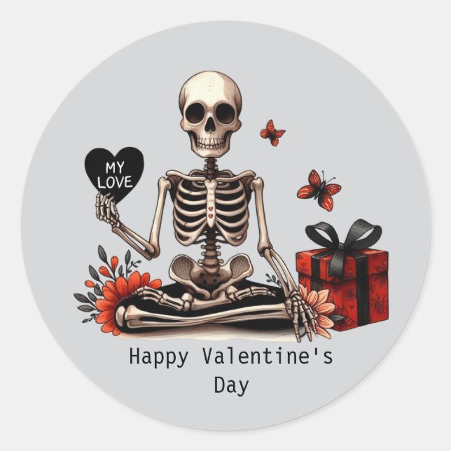 Happy Valentine's Day Gothic skeleton Classic Round Sticker (Front)