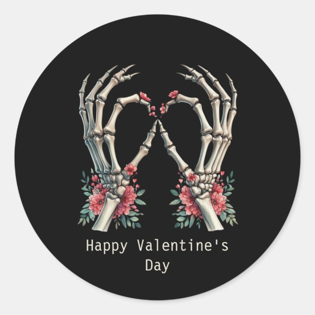 Happy Valentine's Day Gothic skeleton hands Classic Round Sticker (Front)