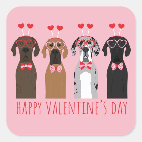 Happy Valentines Day Great Dane Dogs Square Sticker