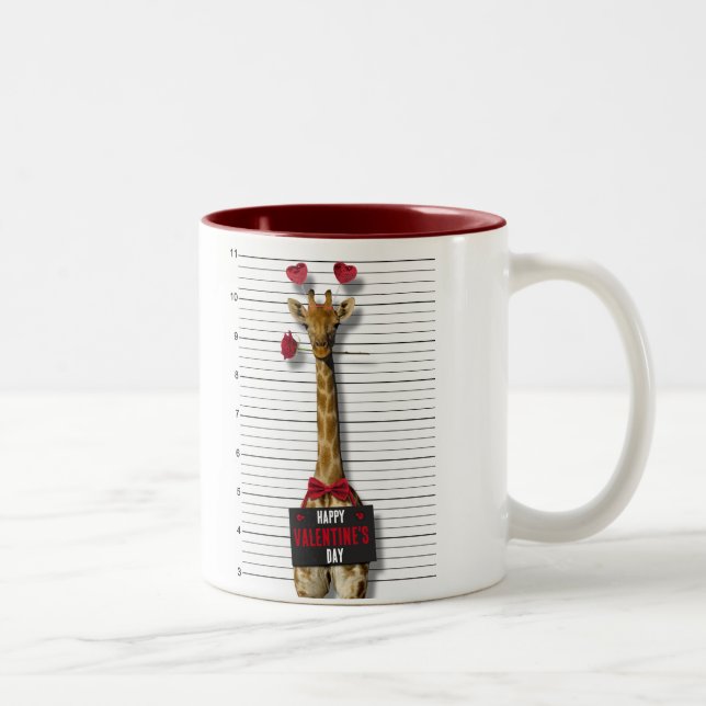 Happy Valentine's Day Guilty Giraffe Funny Mugshot Two-Tone Coffee Mug (Right)
