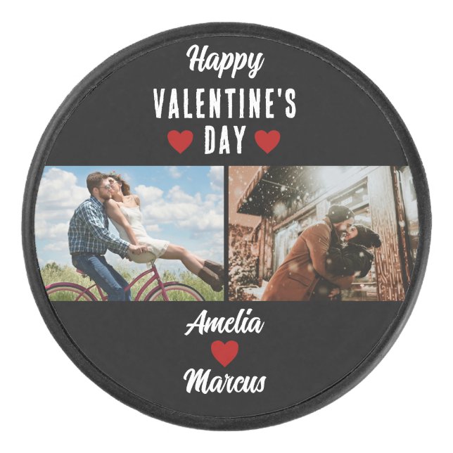 Happy Valentine's Day Heart 2 Photos  Hockey Puck (Front)