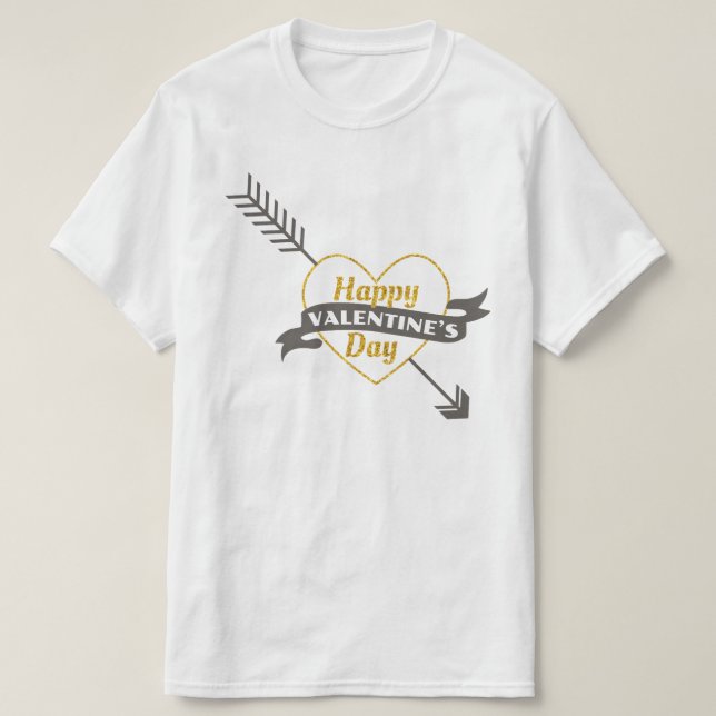Happy Valentines Day Heart & Arrow Gold & Gray T-Shirt (Design Front)