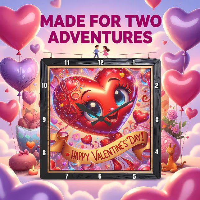 Happy Valentines Day Heart Character Square Wall Clock (Creator Uploaded)