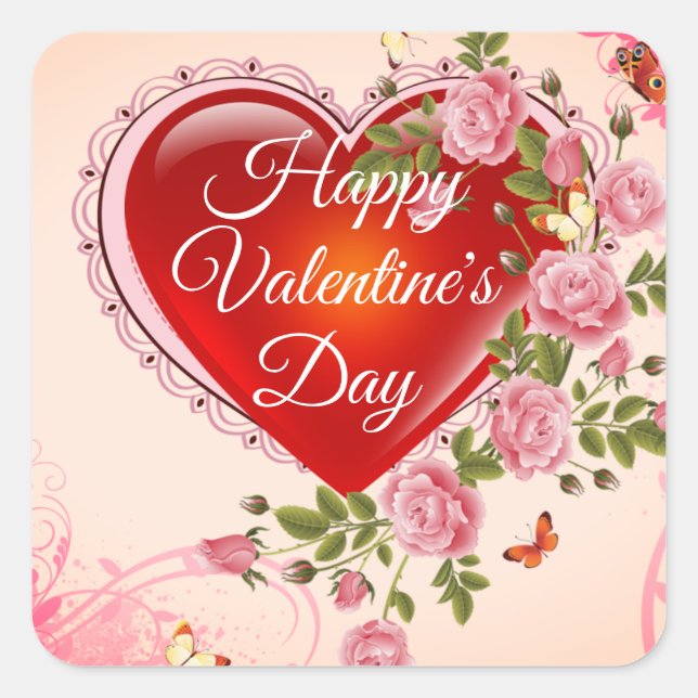 Happy Valentine's Day Heart & Flowers Square Sticker (Front)