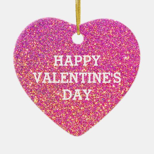 Happy Valentines Day Heart Pink Gold Glitter Ceramic Ornament