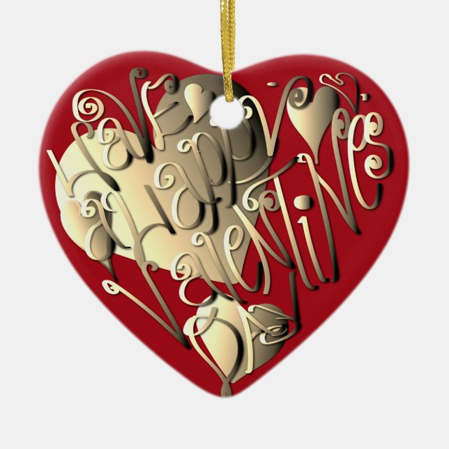 "Happy Valentine's Day" Heart Red Ceramic Ornament (Front)