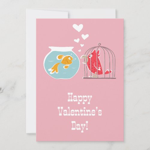 Happy Valentines Day Heart Red Parrot Golden Fish Holiday Card