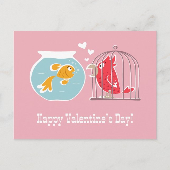 Happy Valentine's Day Heart Red Parrot Golden Fish Postcard (Front)