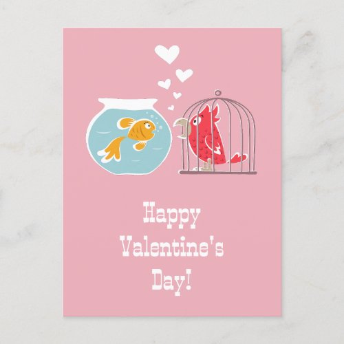 Happy Valentines Day Heart Red Parrot Golden Fish Postcard