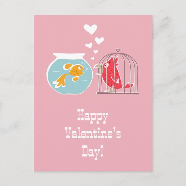 Happy Valentine's Day Heart Red Parrot Golden Fish Postcard (Front)