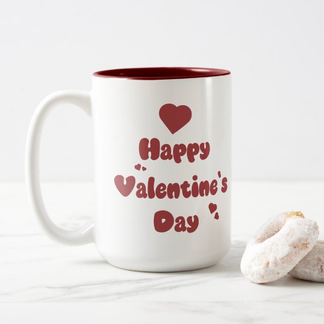 Happy Valentine's Day Hearts Cute Two-Tone Coffee Mug (With Donut)