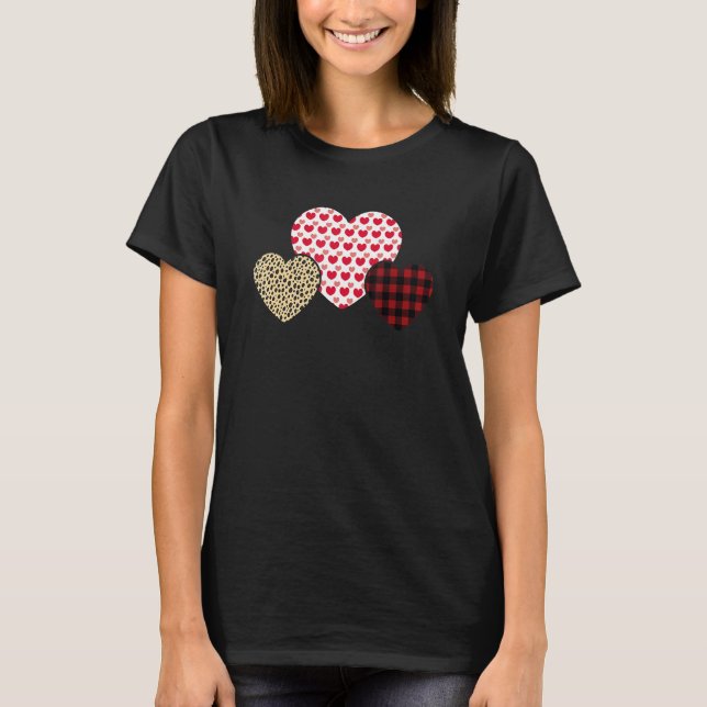 Happy Valentines Day Hearts Leopard Buffalo Plaid  T-Shirt (Front)