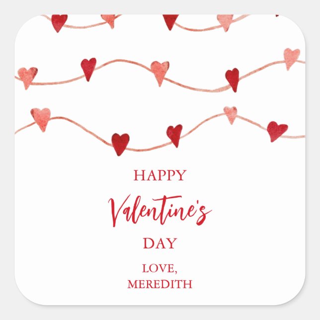 Happy Valentine's Day Hearts on a String Square Sticker (Front)