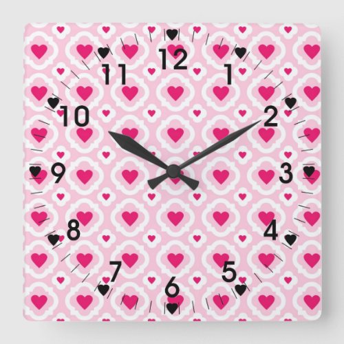 Happy Valentines Day Hearts Pattern Pink Red Square Wall Clock