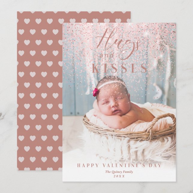 Happy Valentine's Day | Hugs & Kisses Pink Sparkle Holiday Card (Front/Back)