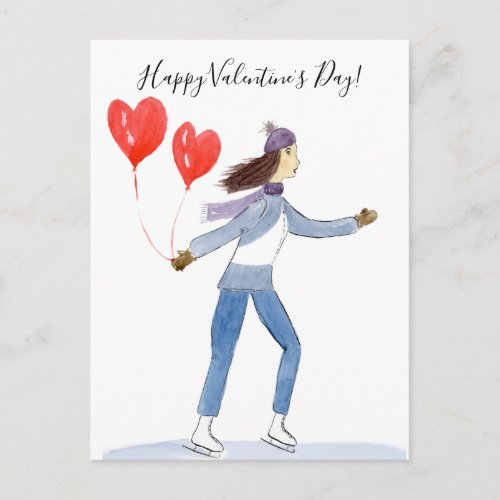 Happy Valentines Day Ice Skater Watercolor Postcard