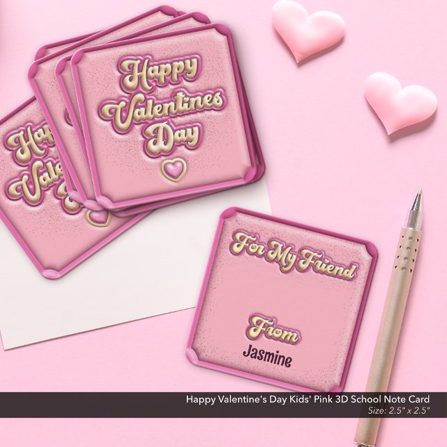 Happy Valentine's Day Kids' Pink 3D School Note Card (Happy Valentine's Day Kids' School Card: Pink and Yellow 3D, Puffy Design.)