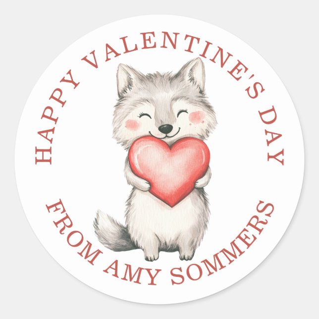 Happy Valentine's Day Kid's Watercolor Fox Heart Classic Round Sticker (Front)