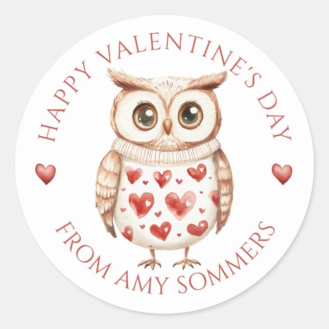 Happy Valentine's Day Kid's Watercolor Owl Classic Round Sticker (Front)