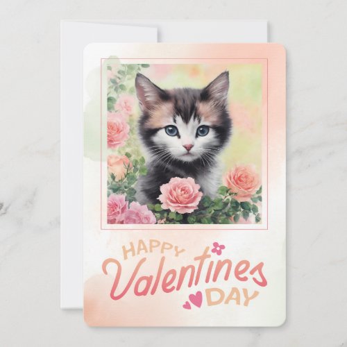 Happy Valentines Day Kitten Peach Floral Holiday Card