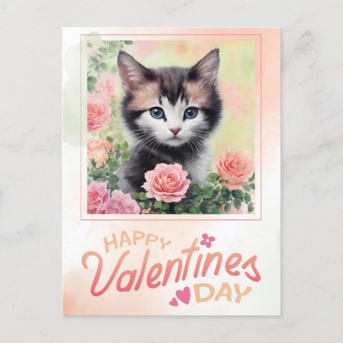 Happy Valentines Day Kitten Peach Floral Holiday Postcard