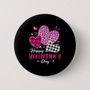 Happy Valentine's Day Leopard And Plaid Hearts Gir Button