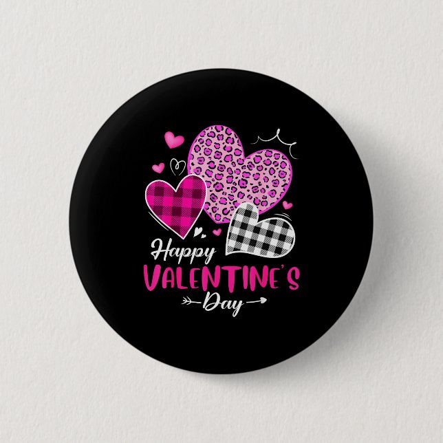 Happy Valentine's Day Leopard And Plaid Hearts Gir Button (Front)