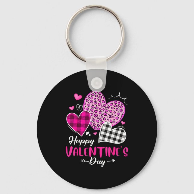 Happy Valentine's Day Leopard And Plaid Hearts Gir Keychain (Front)