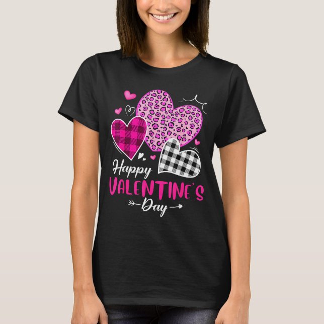 Happy Valentine's Day Leopard And Plaid Hearts Gir T-Shirt (Front)