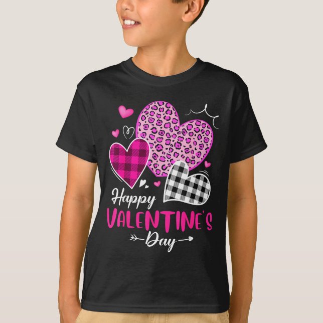 Happy Valentine's Day Leopard And Plaid Hearts Gir T-Shirt (Front)