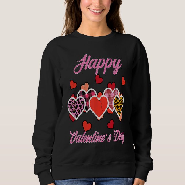 Happy Valentines Day Leopard Plaid Hearts Women Gi Sweatshirt (Front)