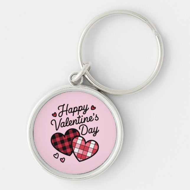 Happy Valentines Day Leopard Plaid Love Heart  Keychain (Front)
