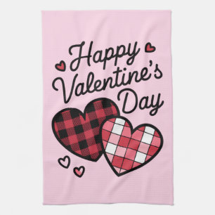 Happy Valentines Day Leopard Plaid Love Heart  Kitchen Towel