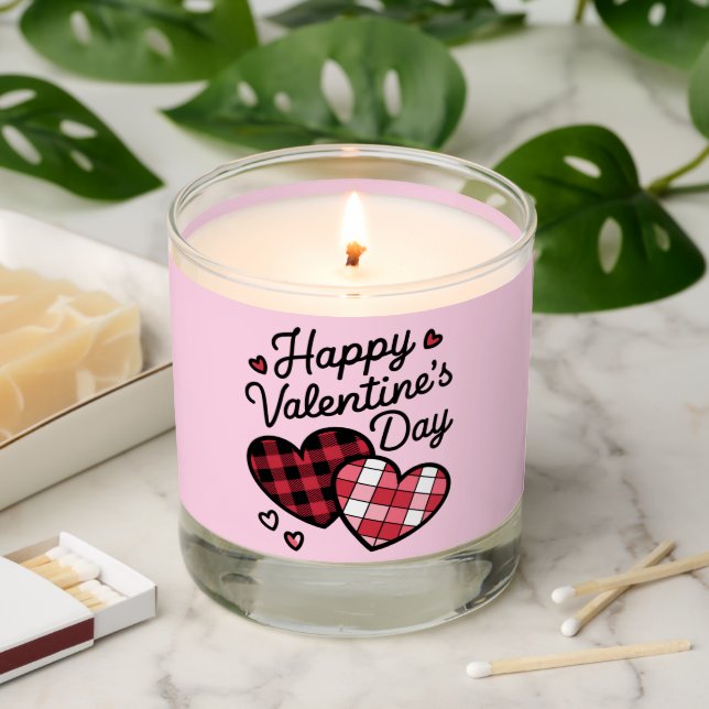 Happy Valentines Day Leopard Plaid Love Heart  Scented Candle (Lit)