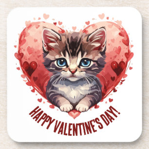 Happy Valentine's Day Little Kitten with Heart Beverage Coaster